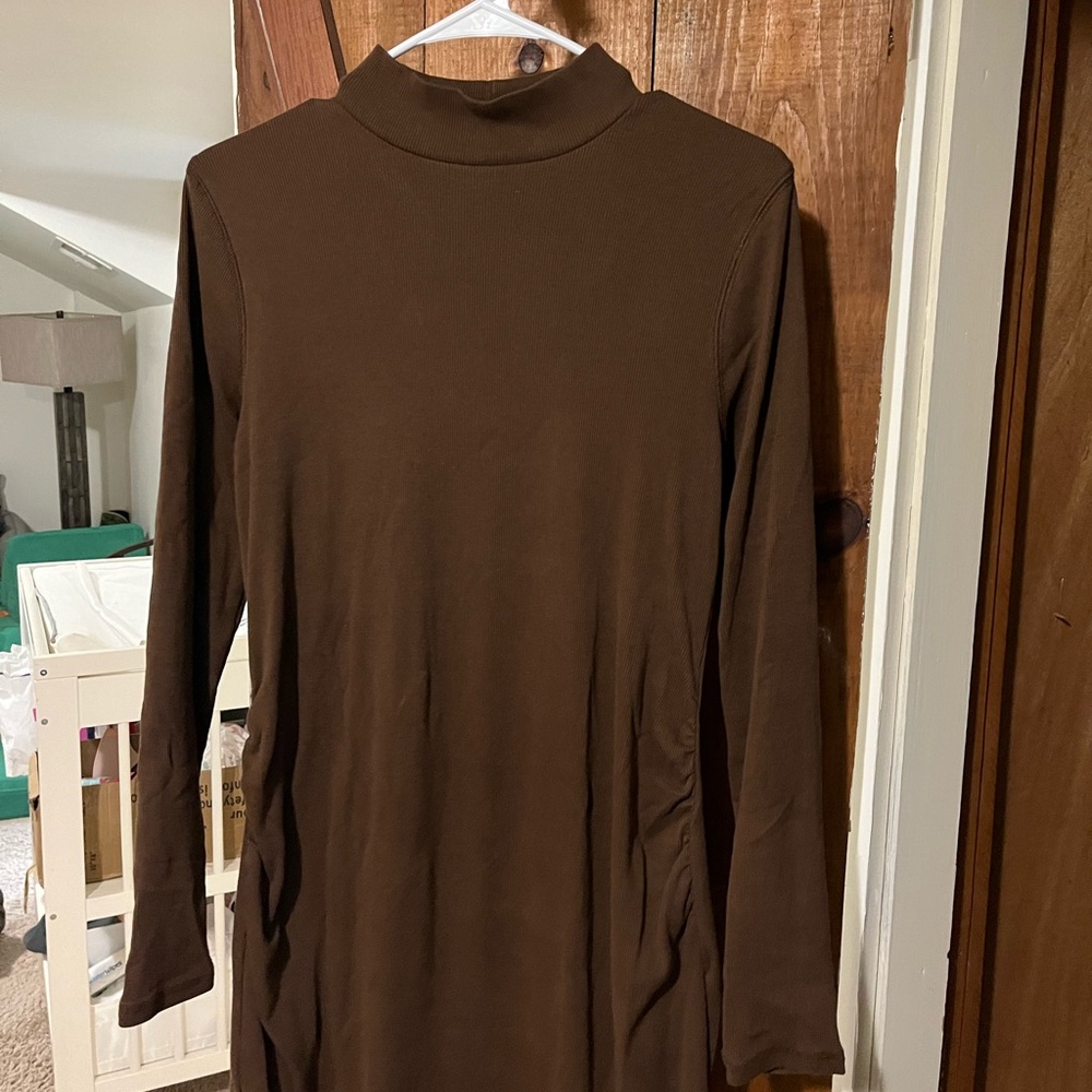 Maternity Mock Neck Rib Knit Midi Dress in Espresso Brown